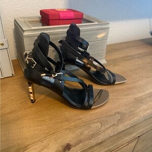 Ivy Kirzhner Black and Gold Strappy Heels